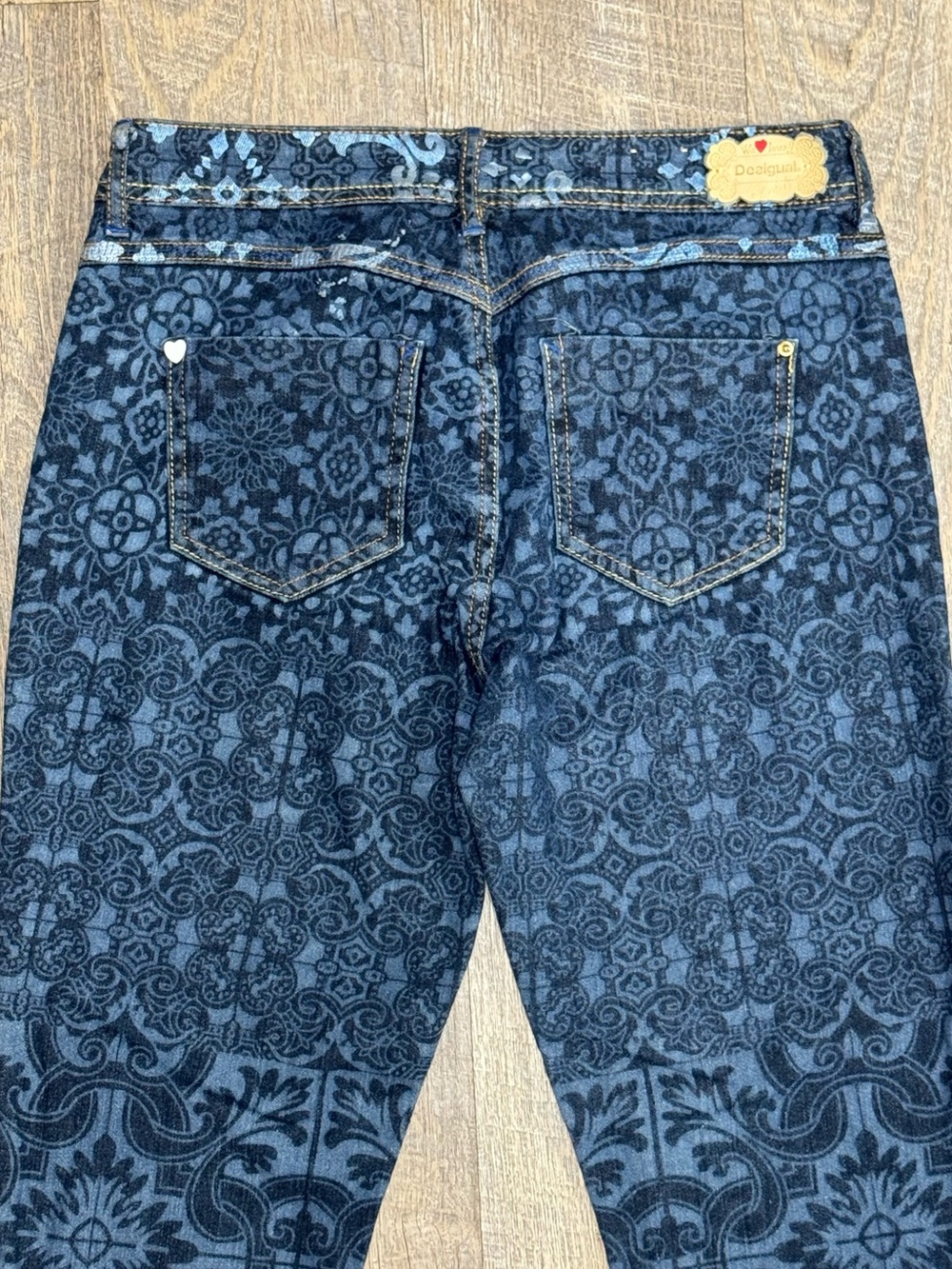 Desigual Blue Floral All Over Print Low Rise Distressed Skinny Y2K Jeans Size 28 - Picture 4 of 10